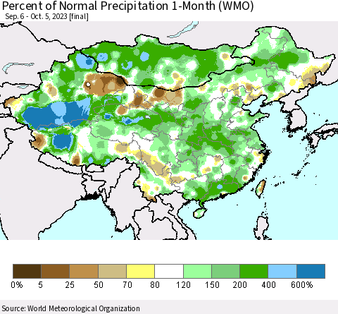 China, Mongolia and Taiwan Percent of Normal Precipitation 1-Month (WMO) Thematic Map For 9/6/2023 - 10/5/2023