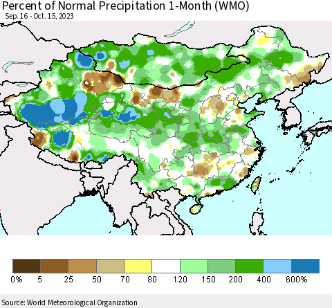 China, Mongolia and Taiwan Percent of Normal Precipitation 1-Month (WMO) Thematic Map For 9/16/2023 - 10/15/2023
