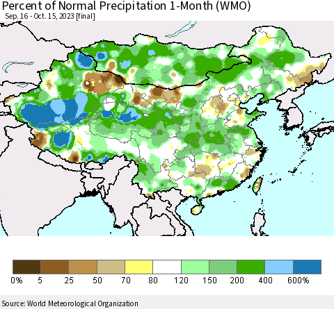 China, Mongolia and Taiwan Percent of Normal Precipitation 1-Month (WMO) Thematic Map For 9/16/2023 - 10/15/2023