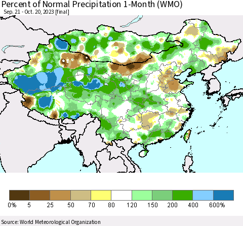 China, Mongolia and Taiwan Percent of Normal Precipitation 1-Month (WMO) Thematic Map For 9/21/2023 - 10/20/2023