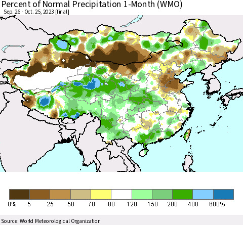China, Mongolia and Taiwan Percent of Normal Precipitation 1-Month (WMO) Thematic Map For 9/26/2023 - 10/25/2023