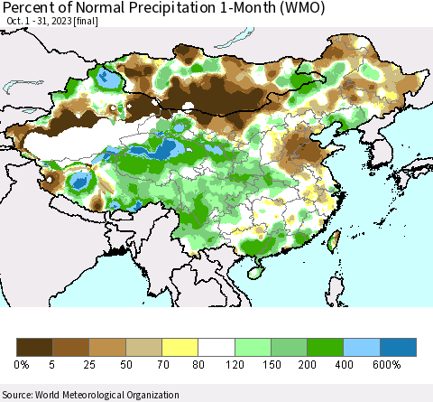 China, Mongolia and Taiwan Percent of Normal Precipitation 1-Month (WMO) Thematic Map For 10/1/2023 - 10/31/2023