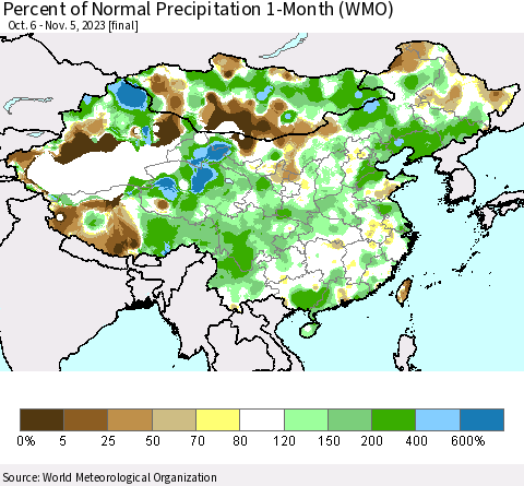 China, Mongolia and Taiwan Percent of Normal Precipitation 1-Month (WMO) Thematic Map For 10/6/2023 - 11/5/2023