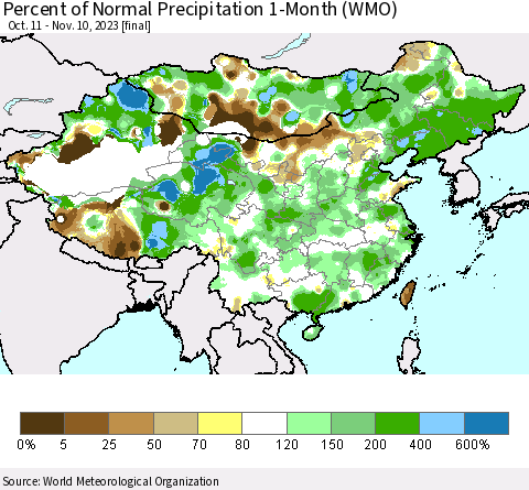 China, Mongolia and Taiwan Percent of Normal Precipitation 1-Month (WMO) Thematic Map For 10/11/2023 - 11/10/2023