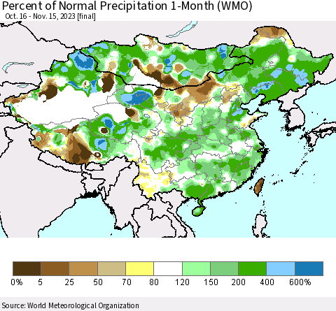 China, Mongolia and Taiwan Percent of Normal Precipitation 1-Month (WMO) Thematic Map For 10/16/2023 - 11/15/2023