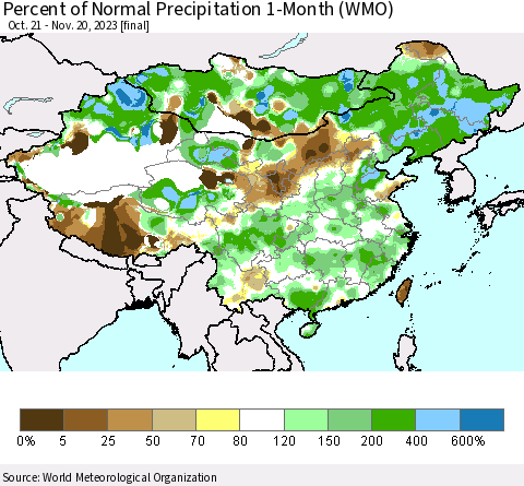 China, Mongolia and Taiwan Percent of Normal Precipitation 1-Month (WMO) Thematic Map For 10/21/2023 - 11/20/2023