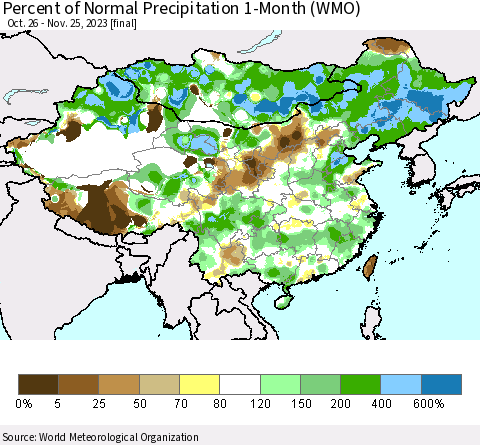China, Mongolia and Taiwan Percent of Normal Precipitation 1-Month (WMO) Thematic Map For 10/26/2023 - 11/25/2023