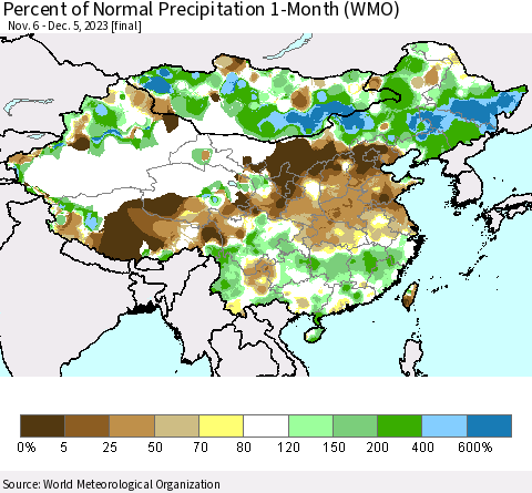 China, Mongolia and Taiwan Percent of Normal Precipitation 1-Month (WMO) Thematic Map For 11/6/2023 - 12/5/2023