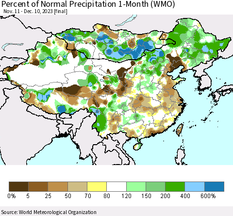 China, Mongolia and Taiwan Percent of Normal Precipitation 1-Month (WMO) Thematic Map For 11/11/2023 - 12/10/2023