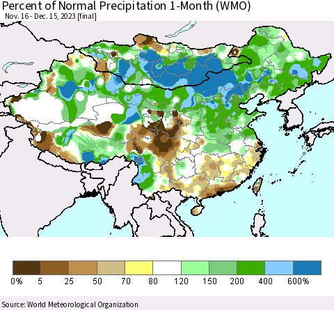 China, Mongolia and Taiwan Percent of Normal Precipitation 1-Month (WMO) Thematic Map For 11/16/2023 - 12/15/2023