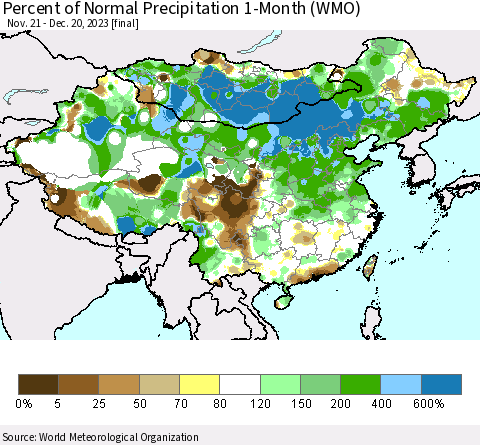 China, Mongolia and Taiwan Percent of Normal Precipitation 1-Month (WMO) Thematic Map For 11/21/2023 - 12/20/2023