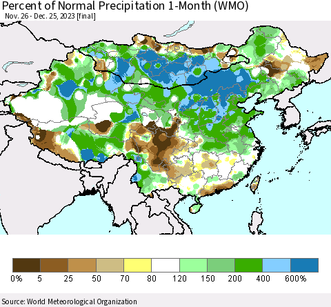 China, Mongolia and Taiwan Percent of Normal Precipitation 1-Month (WMO) Thematic Map For 11/26/2023 - 12/25/2023