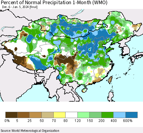 China, Mongolia and Taiwan Percent of Normal Precipitation 1-Month (WMO) Thematic Map For 12/6/2023 - 1/5/2024