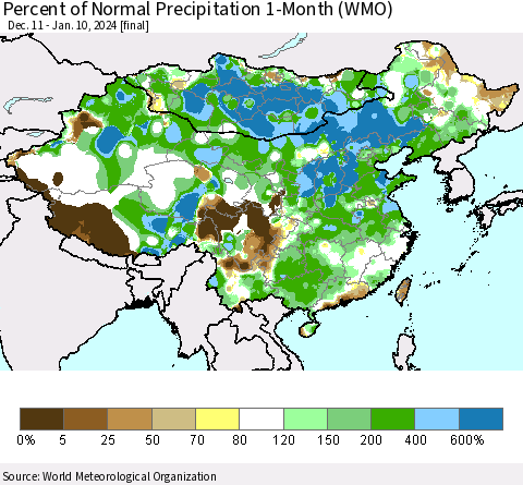 China, Mongolia and Taiwan Percent of Normal Precipitation 1-Month (WMO) Thematic Map For 12/11/2023 - 1/10/2024