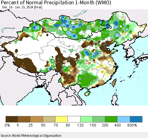 China, Mongolia and Taiwan Percent of Normal Precipitation 1-Month (WMO) Thematic Map For 12/16/2023 - 1/15/2024