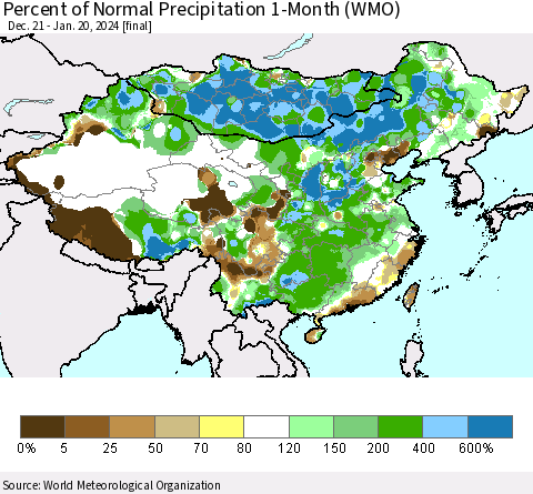 China, Mongolia and Taiwan Percent of Normal Precipitation 1-Month (WMO) Thematic Map For 12/21/2023 - 1/20/2024