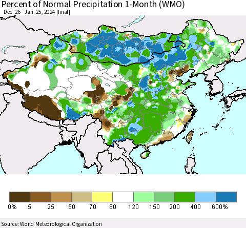 China, Mongolia and Taiwan Percent of Normal Precipitation 1-Month (WMO) Thematic Map For 12/26/2023 - 1/25/2024