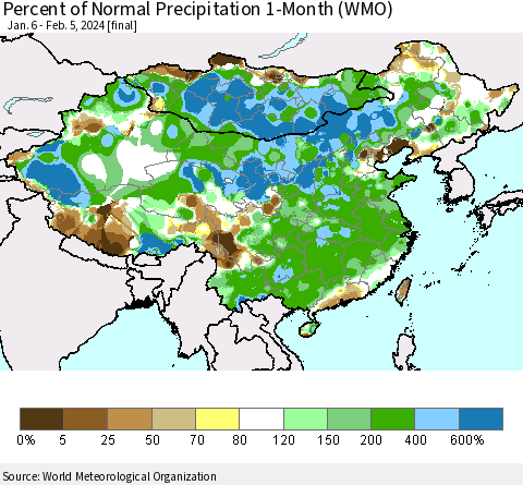 China, Mongolia and Taiwan Percent of Normal Precipitation 1-Month (WMO) Thematic Map For 1/6/2024 - 2/5/2024
