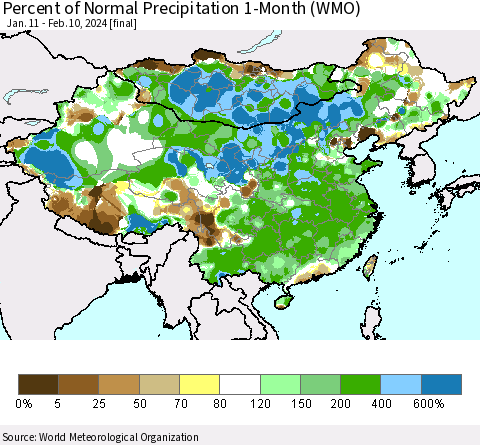 China, Mongolia and Taiwan Percent of Normal Precipitation 1-Month (WMO) Thematic Map For 1/11/2024 - 2/10/2024