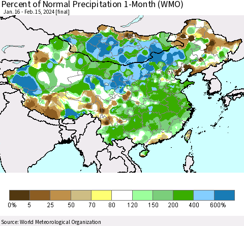 China, Mongolia and Taiwan Percent of Normal Precipitation 1-Month (WMO) Thematic Map For 1/16/2024 - 2/15/2024