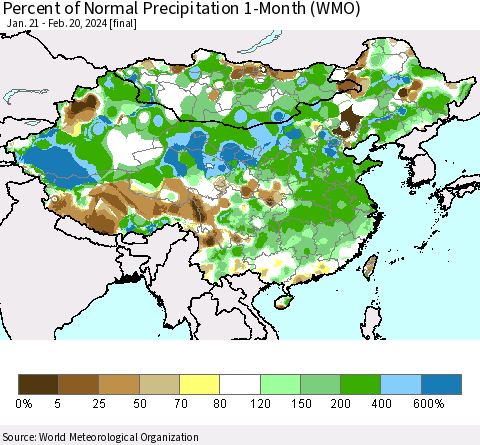 China, Mongolia and Taiwan Percent of Normal Precipitation 1-Month (WMO) Thematic Map For 1/21/2024 - 2/20/2024