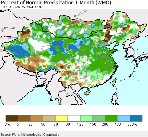 China, Mongolia and Taiwan Percent of Normal Precipitation 1-Month (WMO) Thematic Map For 1/26/2024 - 2/25/2024