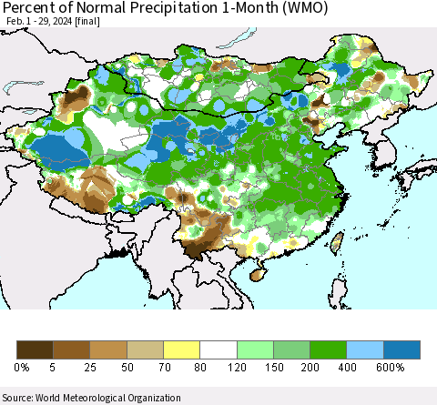 China, Mongolia and Taiwan Percent of Normal Precipitation 1-Month (WMO) Thematic Map For 2/1/2024 - 2/29/2024