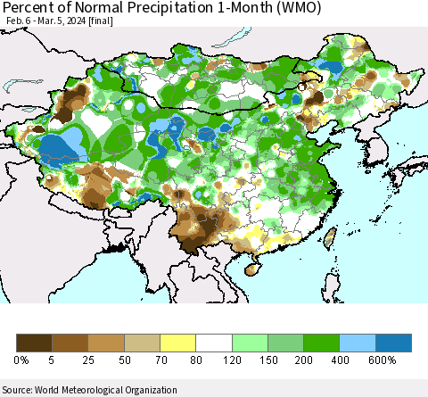 China, Mongolia and Taiwan Percent of Normal Precipitation 1-Month (WMO) Thematic Map For 2/6/2024 - 3/5/2024