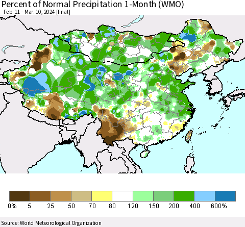 China, Mongolia and Taiwan Percent of Normal Precipitation 1-Month (WMO) Thematic Map For 2/11/2024 - 3/10/2024