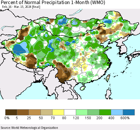 China, Mongolia and Taiwan Percent of Normal Precipitation 1-Month (WMO) Thematic Map For 2/16/2024 - 3/15/2024