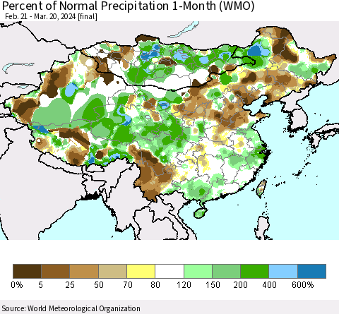 China, Mongolia and Taiwan Percent of Normal Precipitation 1-Month (WMO) Thematic Map For 2/21/2024 - 3/20/2024