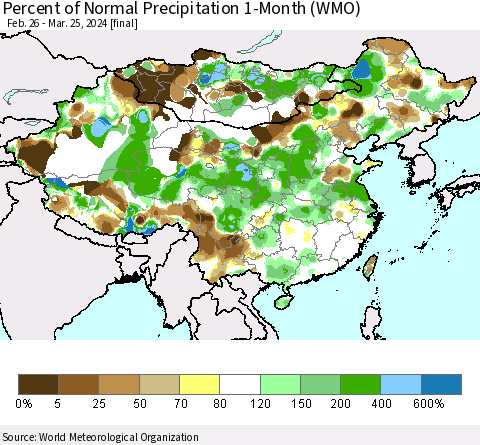 China, Mongolia and Taiwan Percent of Normal Precipitation 1-Month (WMO) Thematic Map For 2/26/2024 - 3/25/2024
