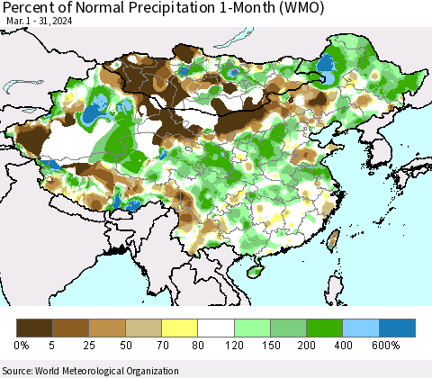China, Mongolia and Taiwan Percent of Normal Precipitation 1-Month (WMO) Thematic Map For 3/1/2024 - 3/31/2024