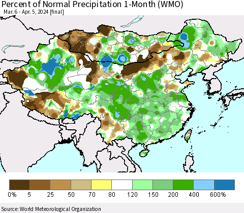 China, Mongolia and Taiwan Percent of Normal Precipitation 1-Month (WMO) Thematic Map For 3/6/2024 - 4/5/2024