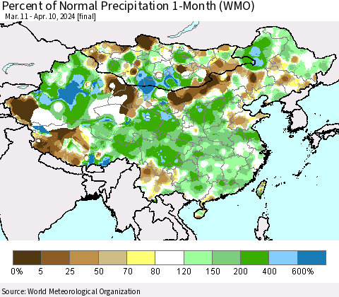 China, Mongolia and Taiwan Percent of Normal Precipitation 1-Month (WMO) Thematic Map For 3/11/2024 - 4/10/2024
