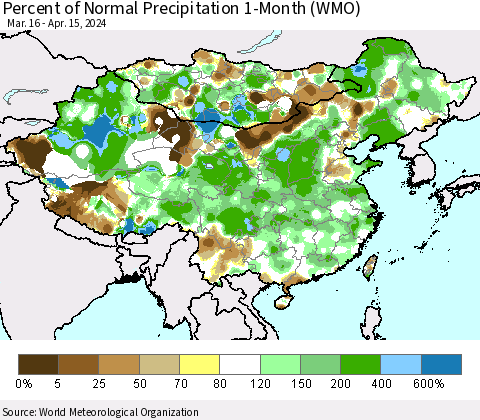 China, Mongolia and Taiwan Percent of Normal Precipitation 1-Month (WMO) Thematic Map For 3/16/2024 - 4/15/2024