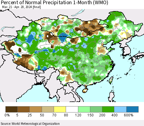 China, Mongolia and Taiwan Percent of Normal Precipitation 1-Month (WMO) Thematic Map For 3/21/2024 - 4/20/2024