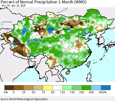 China, Mongolia and Taiwan Percent of Normal Precipitation 1-Month (WMO) Thematic Map For 3/26/2024 - 4/25/2024