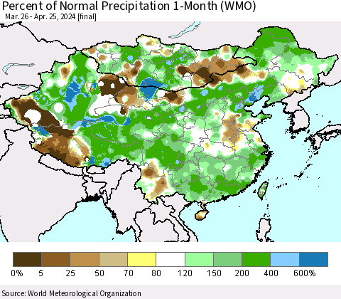 China, Mongolia and Taiwan Percent of Normal Precipitation 1-Month (WMO) Thematic Map For 3/26/2024 - 4/25/2024