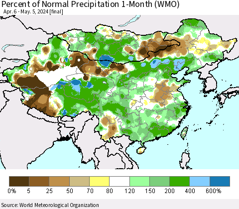 China, Mongolia and Taiwan Percent of Normal Precipitation 1-Month (WMO) Thematic Map For 4/6/2024 - 5/5/2024