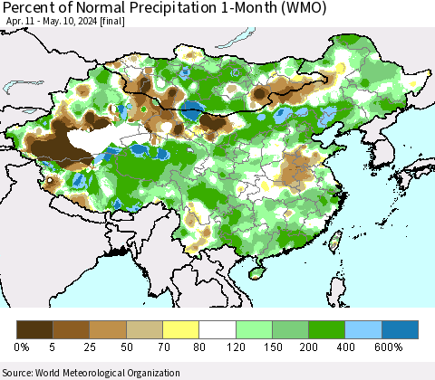 China, Mongolia and Taiwan Percent of Normal Precipitation 1-Month (WMO) Thematic Map For 4/11/2024 - 5/10/2024