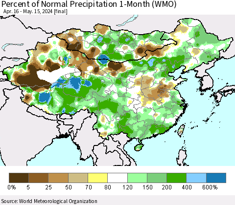 China, Mongolia and Taiwan Percent of Normal Precipitation 1-Month (WMO) Thematic Map For 4/16/2024 - 5/15/2024