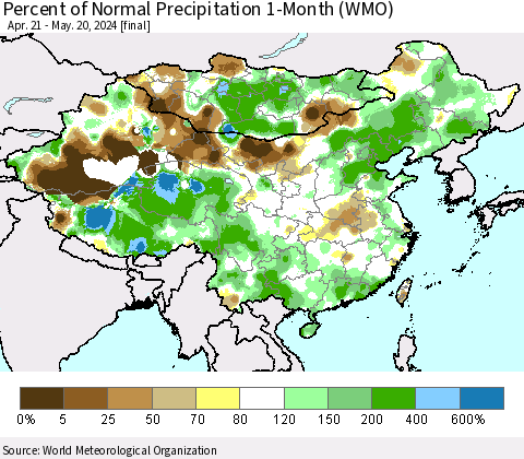 China, Mongolia and Taiwan Percent of Normal Precipitation 1-Month (WMO) Thematic Map For 4/21/2024 - 5/20/2024