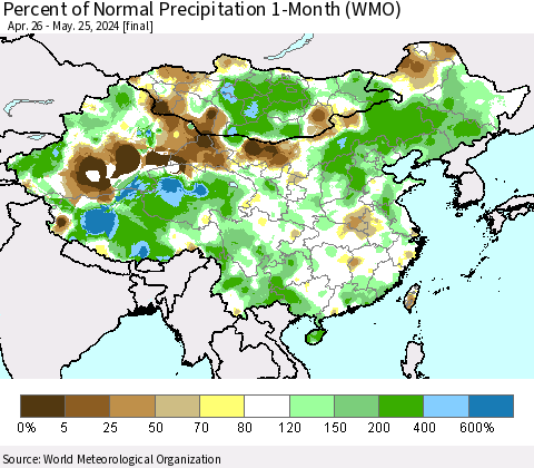 China, Mongolia and Taiwan Percent of Normal Precipitation 1-Month (WMO) Thematic Map For 4/26/2024 - 5/25/2024
