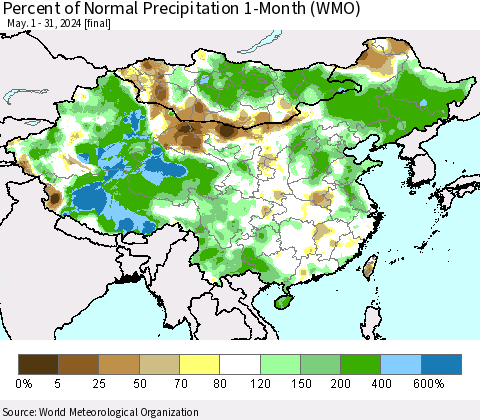 China, Mongolia and Taiwan Percent of Normal Precipitation 1-Month (WMO) Thematic Map For 5/1/2024 - 5/31/2024