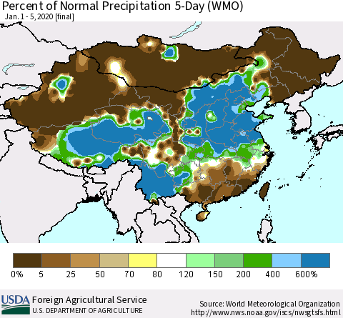China, Mongolia and Taiwan Percent of Normal Precipitation 5-Day (WMO) Thematic Map For 1/1/2020 - 1/5/2020