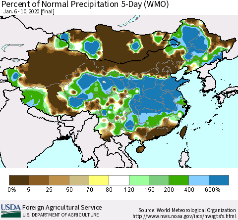 China, Mongolia and Taiwan Percent of Normal Precipitation 5-Day (WMO) Thematic Map For 1/6/2020 - 1/10/2020