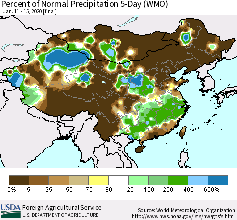 China, Mongolia and Taiwan Percent of Normal Precipitation 5-Day (WMO) Thematic Map For 1/11/2020 - 1/15/2020