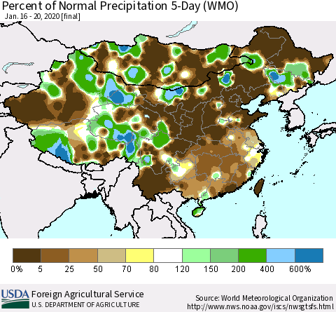 China, Mongolia and Taiwan Percent of Normal Precipitation 5-Day (WMO) Thematic Map For 1/16/2020 - 1/20/2020