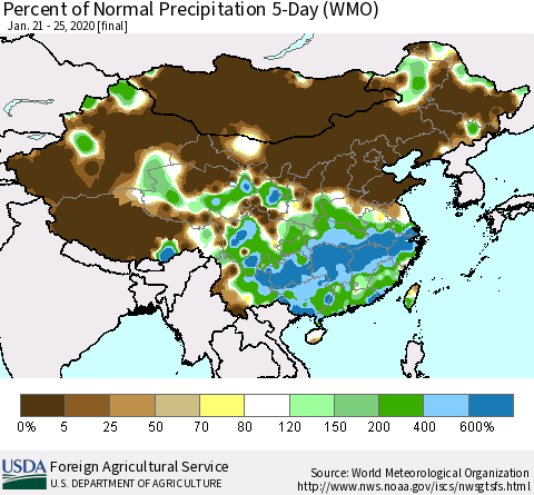 China, Mongolia and Taiwan Percent of Normal Precipitation 5-Day (WMO) Thematic Map For 1/21/2020 - 1/25/2020